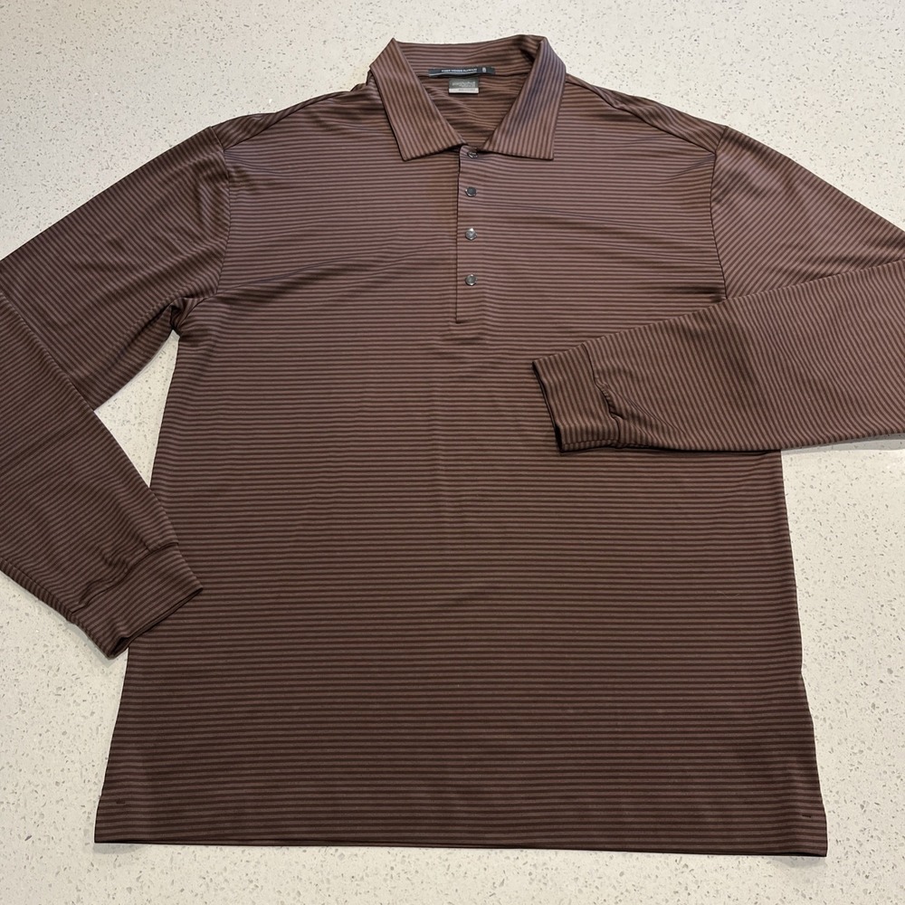 Nike Tiger Woods Platinum Golf Polo Mens L Brown Striped Snap Button Shirt